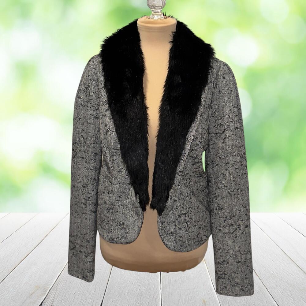 KIMCHI BLUE Tweed Blazer Faux Fur Collar Wool Blend Open Front Glam Evening L
